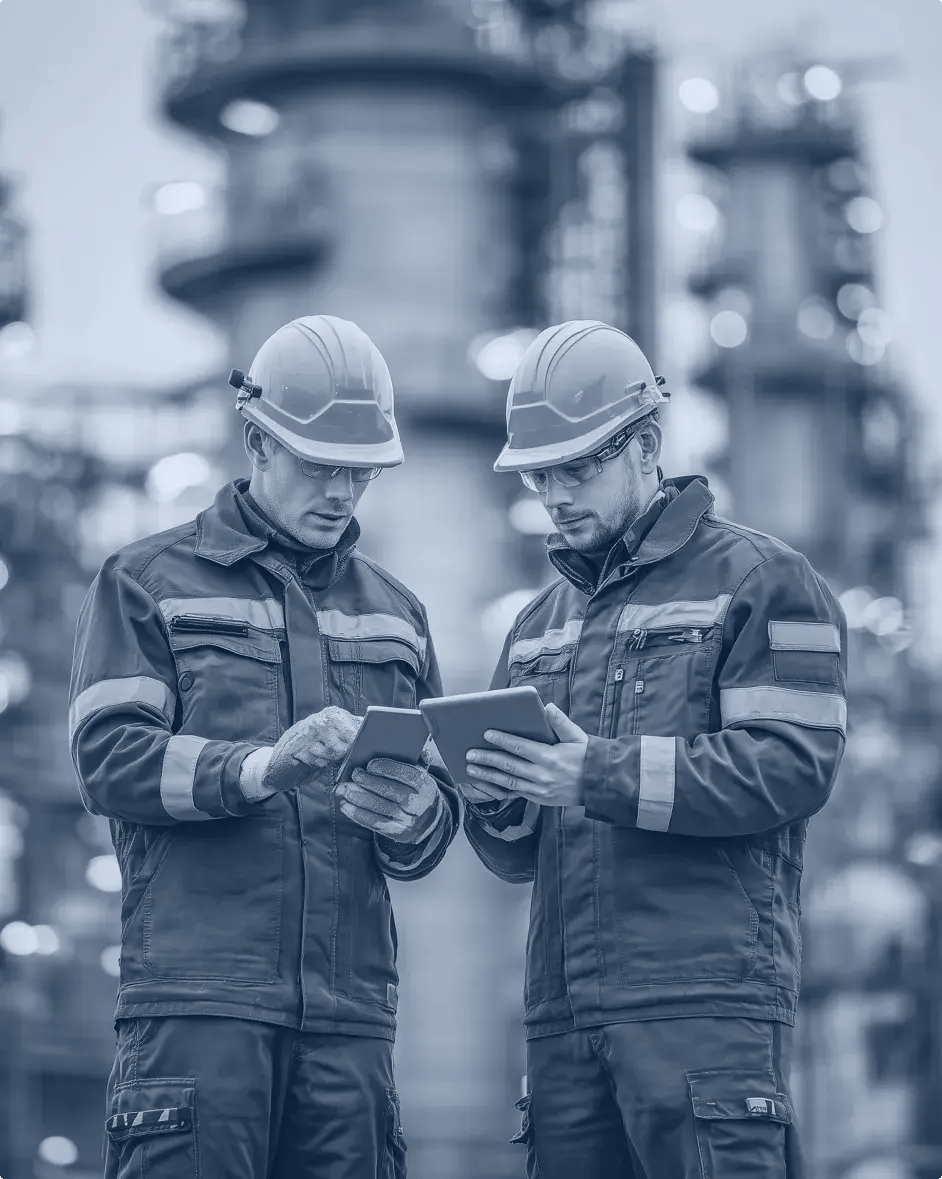 deux techniciens sur un site industriel consultent une tablette