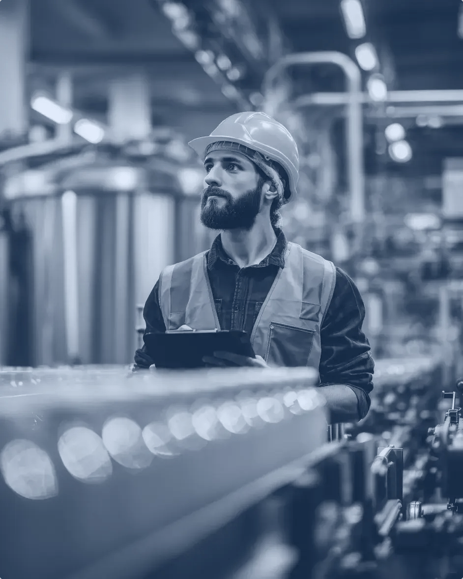 un opérateur dans une usine porte des équipements de protection individuelle et tient un bloc note