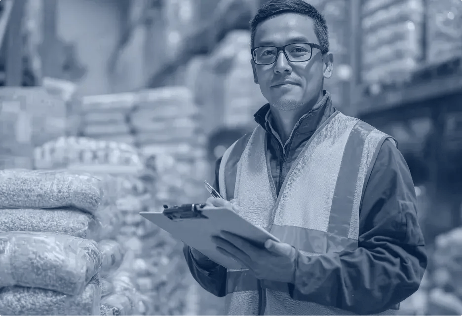 un employé de l'agroalimentaire tient un bloc note dans un entrepôt et regarde l'objectif