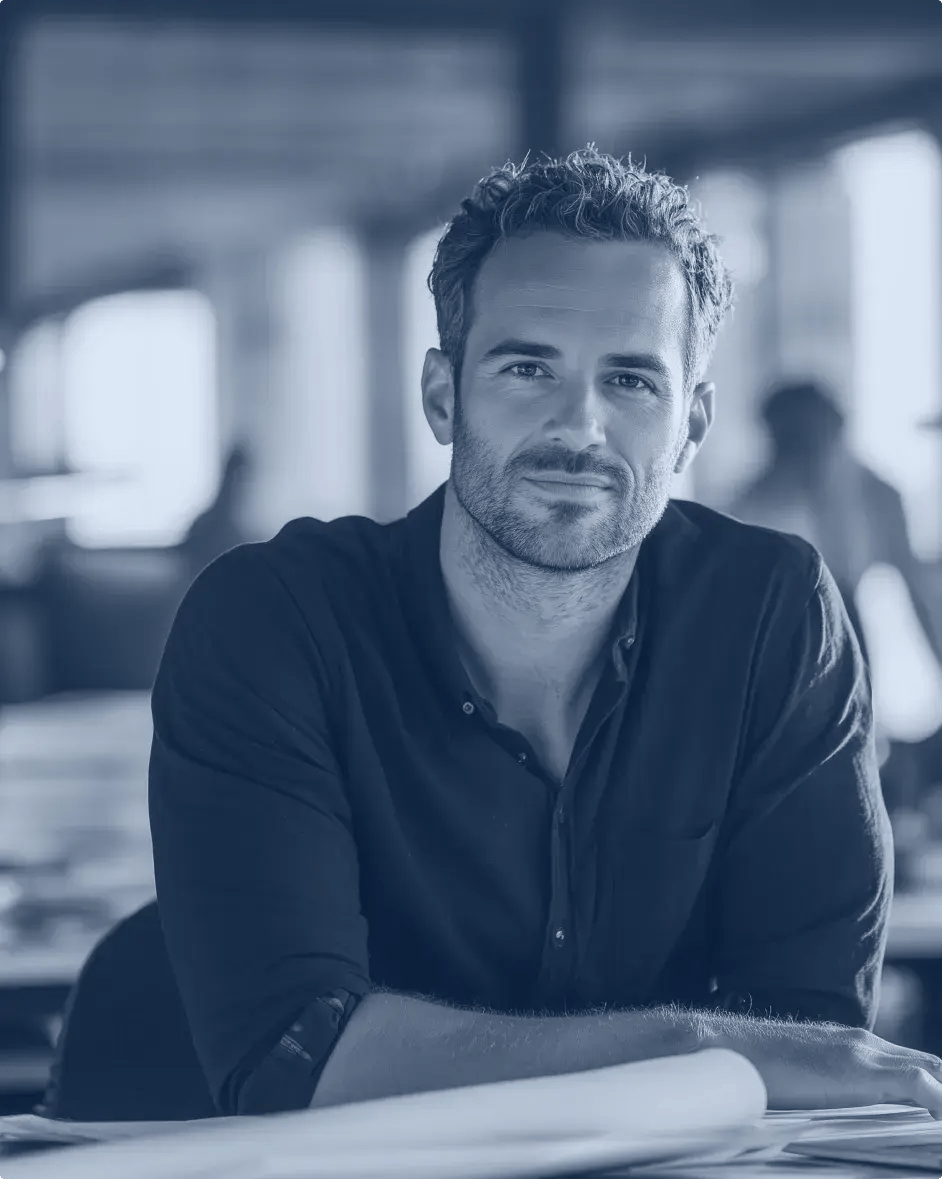 un homme assis à un bureau qui regarde l'objectif