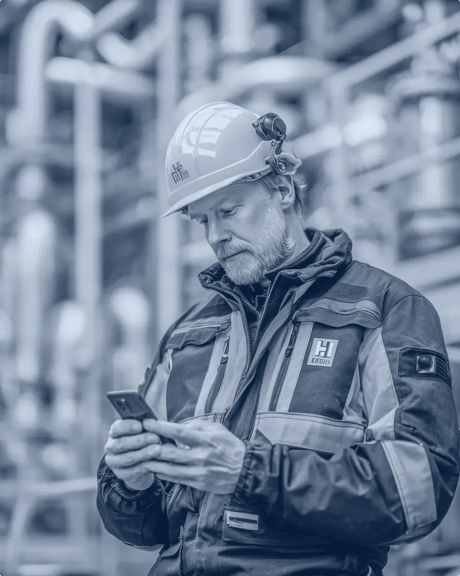 un homme dans une usine consulte un terminal mobile