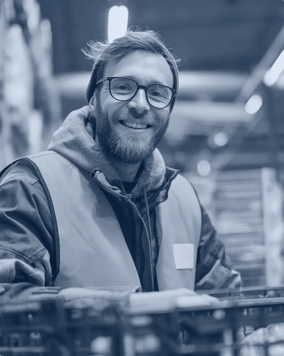 un homme dans une usine portant une veste de sécurité sourit à la caméra