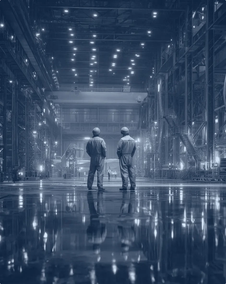 deux techniciens de maintenance dans un hangar, de dos