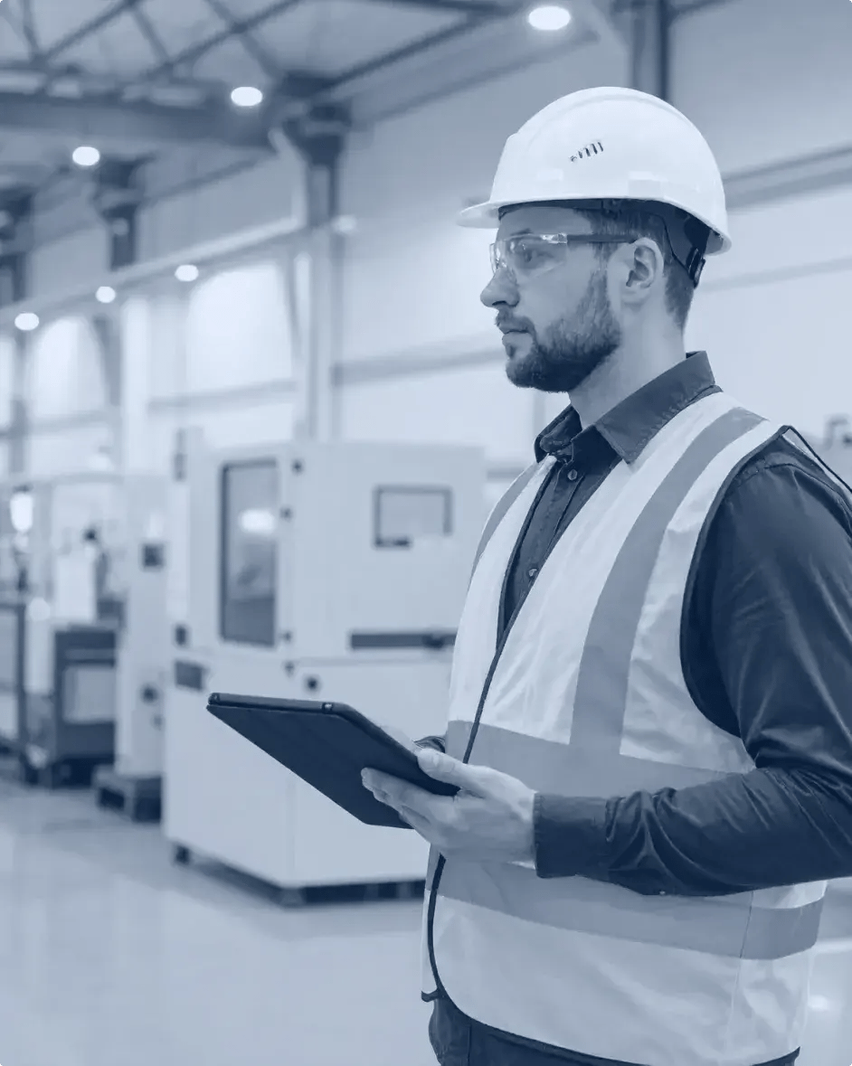 un techicien de maintenance effectue une ronde en usine avec sa tablette