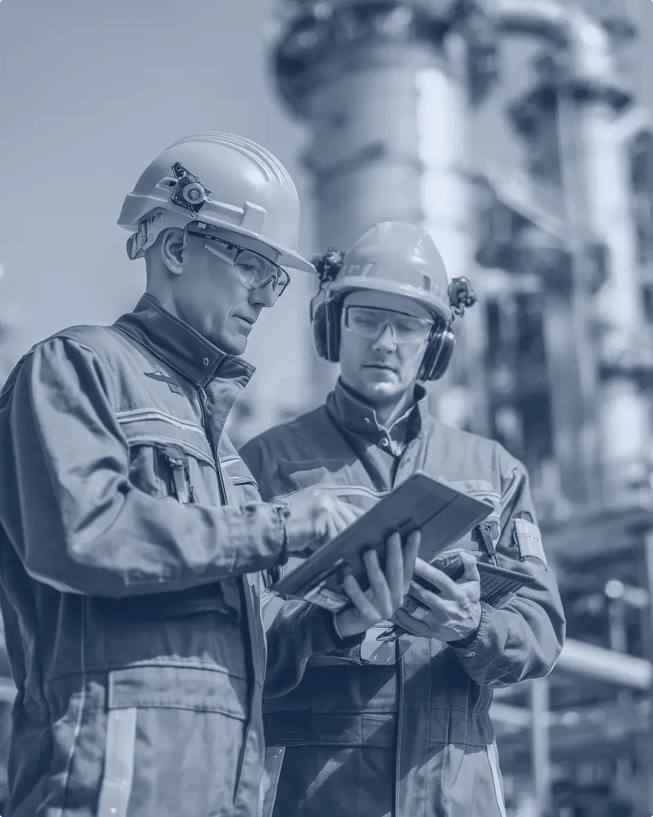 deux opérateurs sur un site de production consultent une tablette