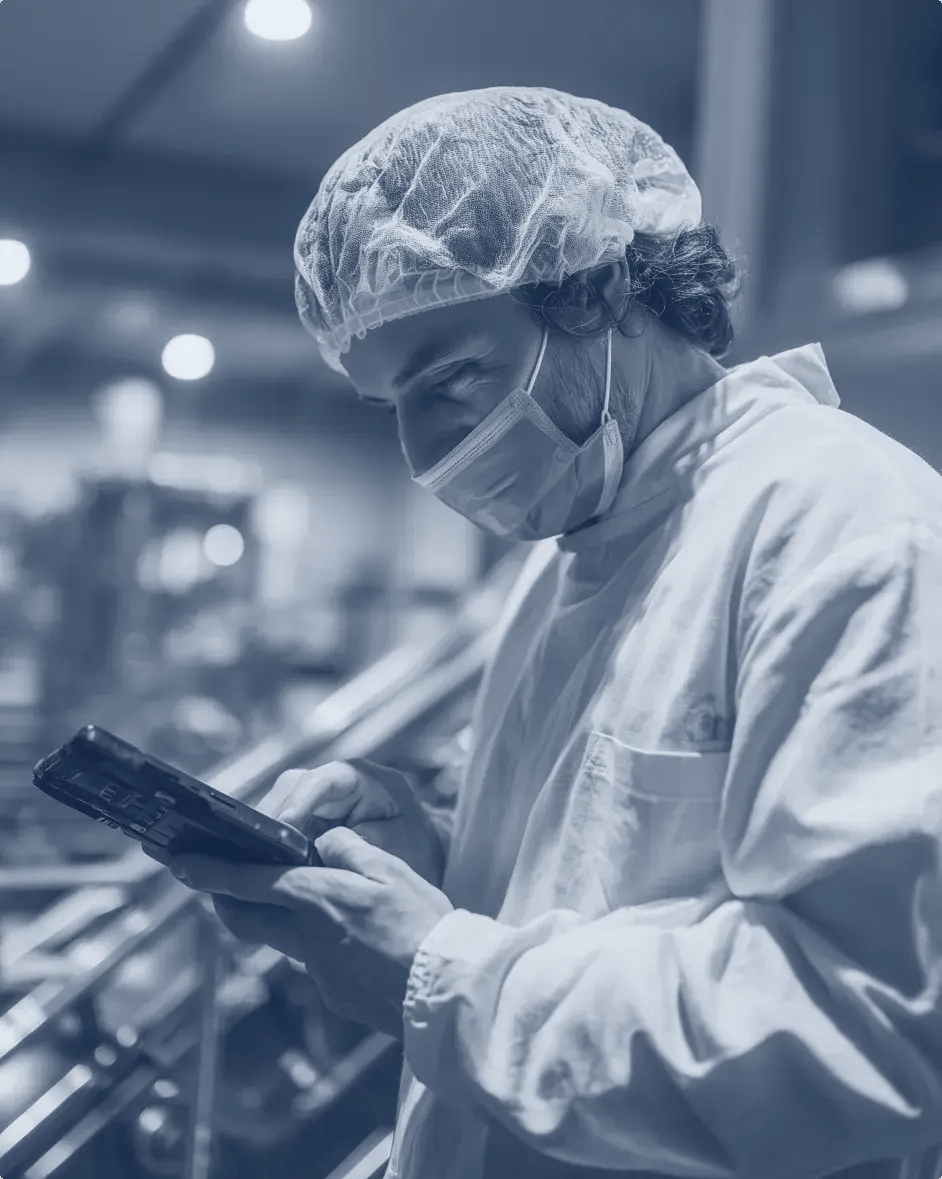 un opérateur de la chimie regarde une tablette et sourit