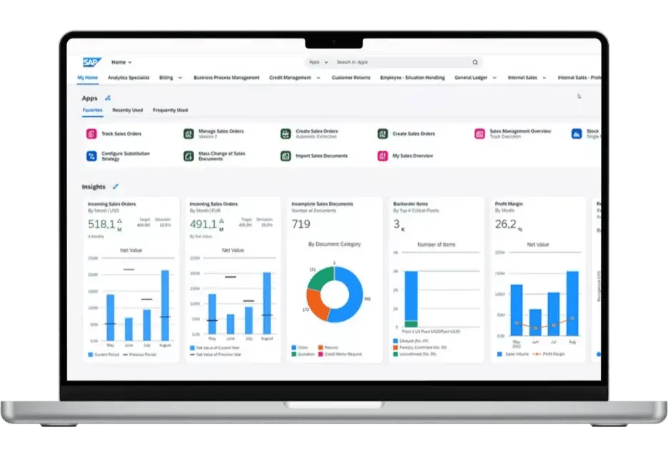 capture d'écran d'un dashboard SAP S/4HANA