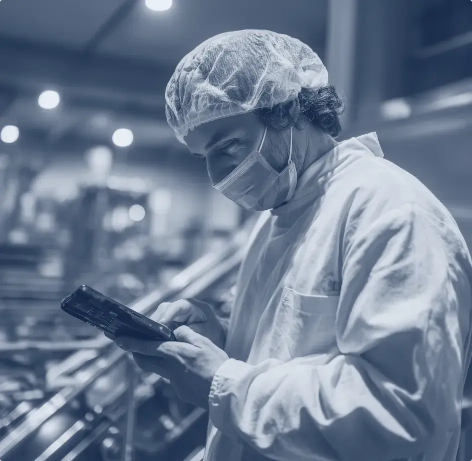 une personne dans une usine agroalimentaire portant des équipements de protection consulte une tablette