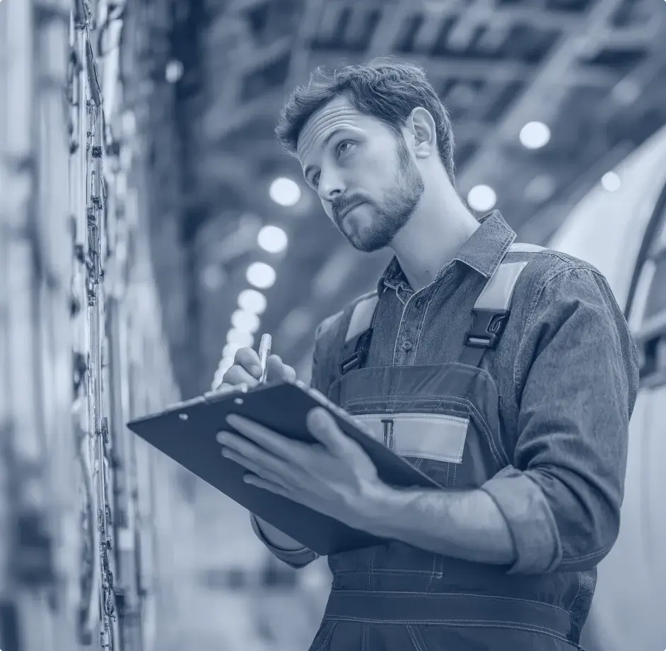 un technicien de maintenance dans l'industrie regarde une machine et tient un bloc-note et un crayon